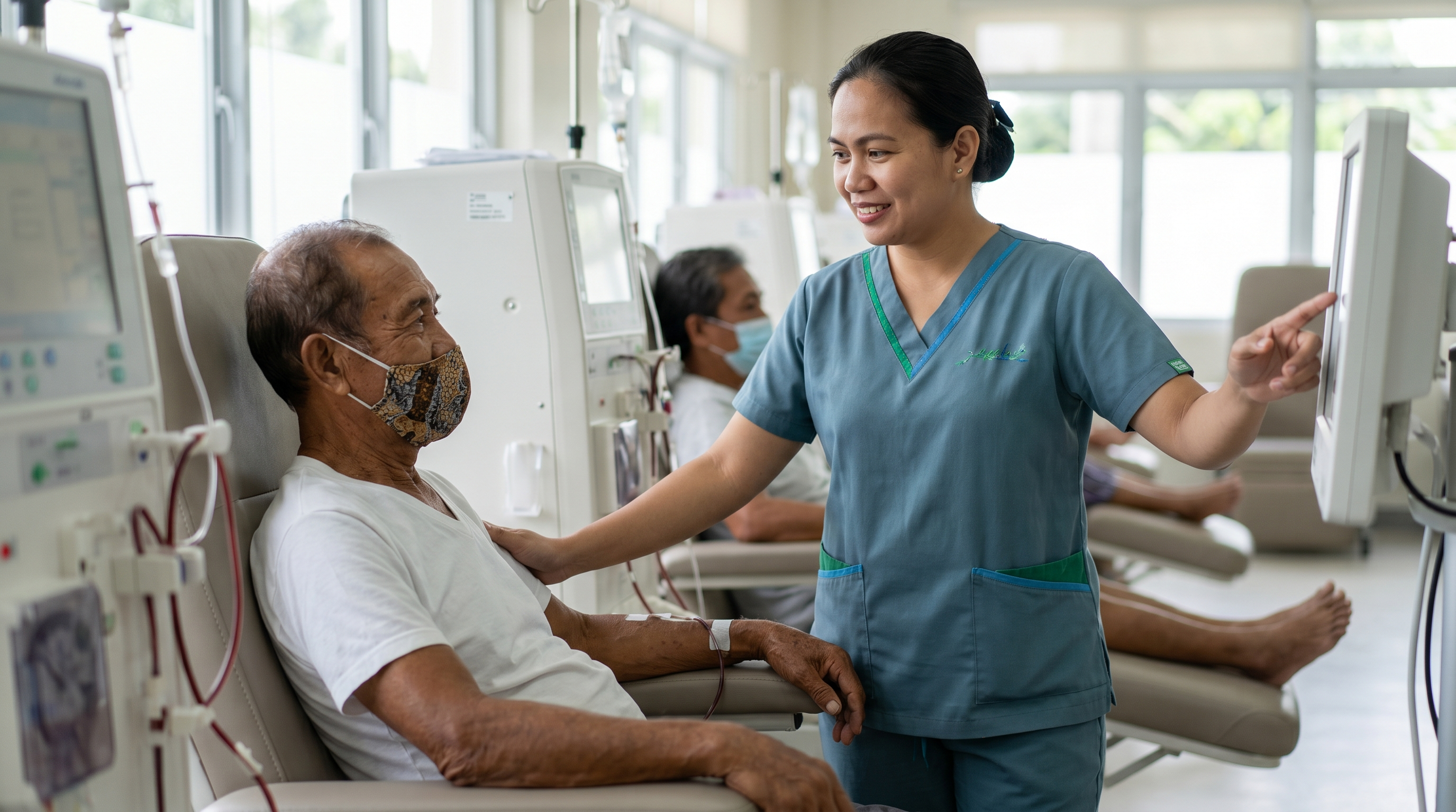 A nurse stands beside an older dialysis patient, explaining his treatment with warmth